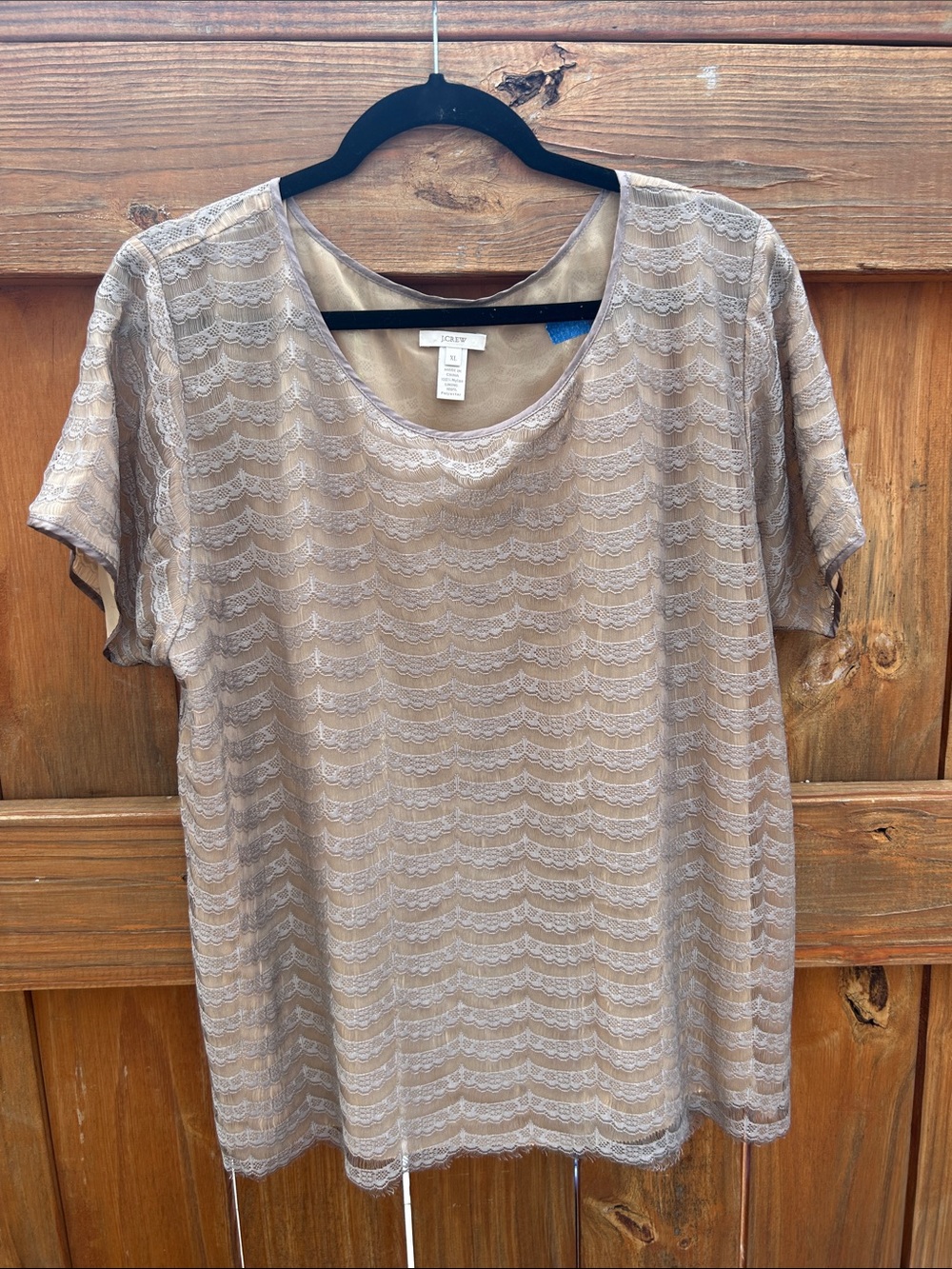 J. Crew Taupe Lace Overlay Short Sleeve Tee
